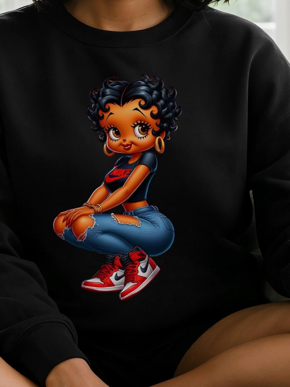 Gildan Black Sweatshirt with Colorful Cartoon Girl Graphic